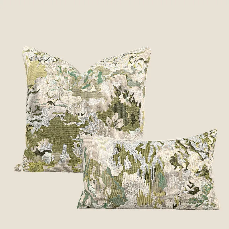 Antique green feather velvet pillowcase with abstract floral embroidery, shown in 50x50cm square size.