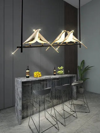 Modern simple aluminium alloy hall chandelier with adjustable height and iron frame.