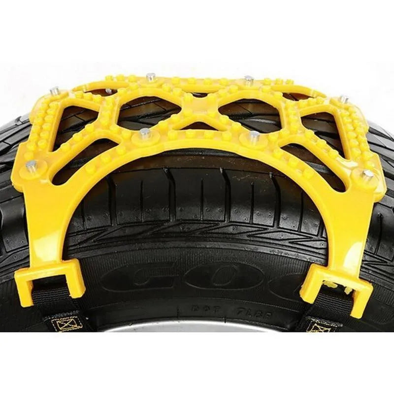 Three yellow snow tyre chains made of TPU and stainless steel, designed for car tyres 165mm to 265mm width, winter driving