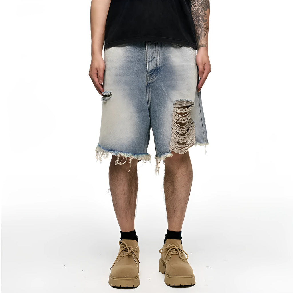 Men's light blue retro washed baggy denim shorts with wide leg and zipper fly