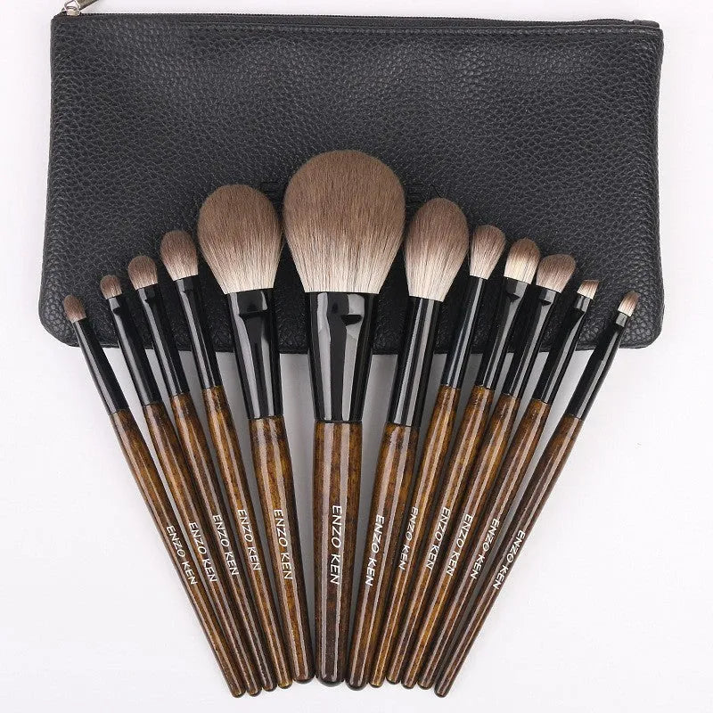 12-piece makeup brush set with wooden handles in portable PU carrying case