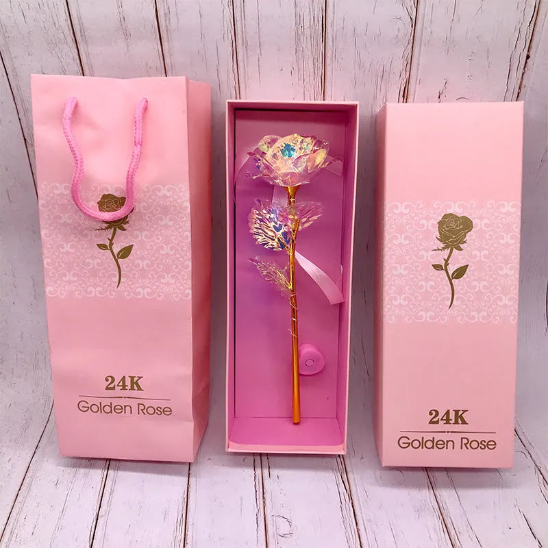 24K luminous colour gold rose flower set in gift box with tote bag