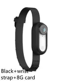 Black silicone pet collar camera for wireless recording on cats and dogs, USB charging.