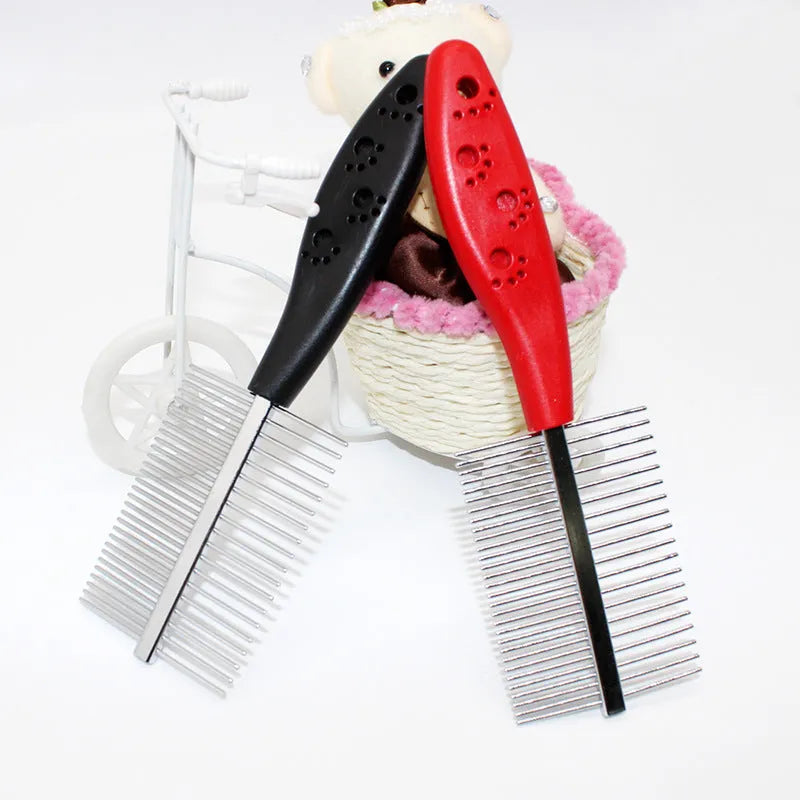 Double-row pet grooming comb with red handle and stainless steel needles on white background