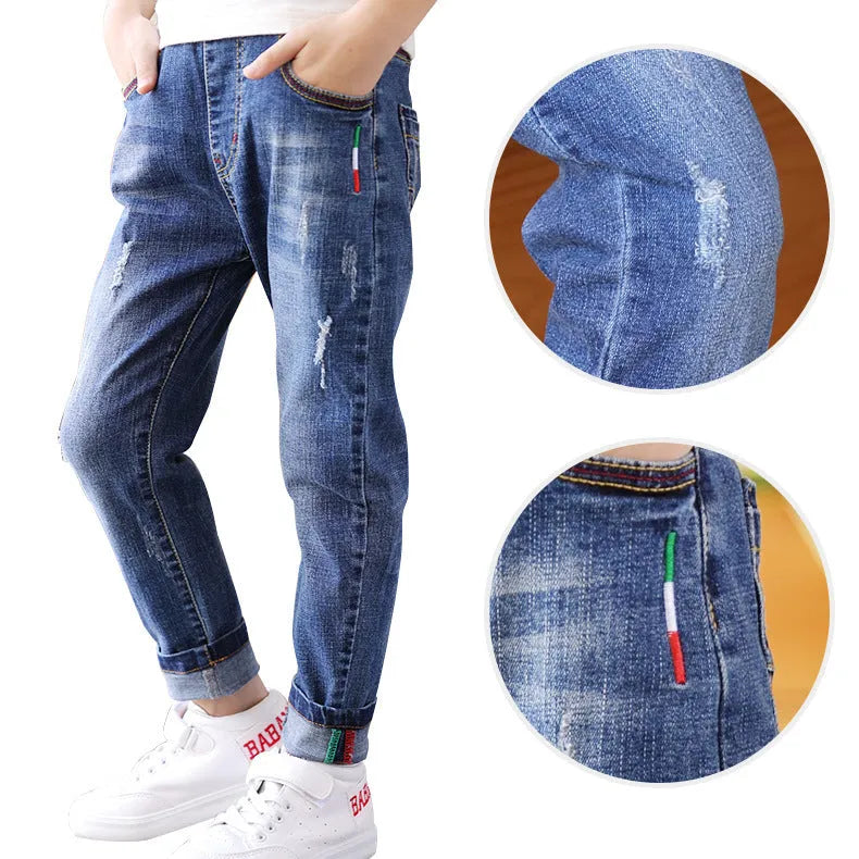 Boys' 95% cotton denim trousers mid waist blue size 140cm