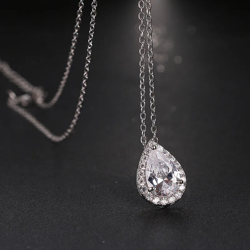 Water drop gemstone necklace and earrings jewellery set in copper and zircon, adjustable chain 51-80cm, rose gold finish