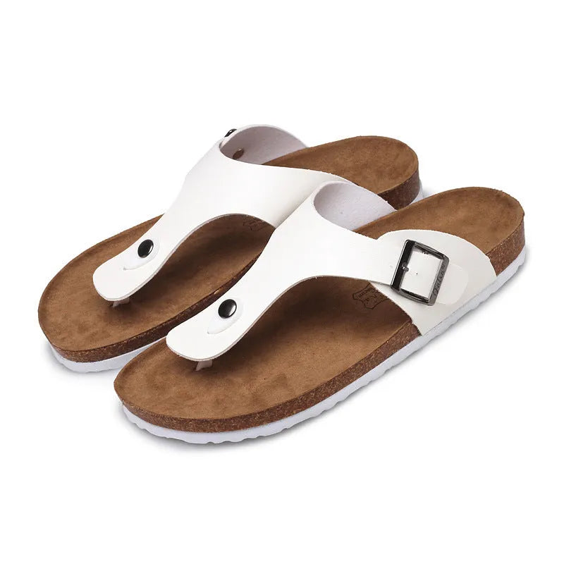 Cork leisure flip flop summer beach shoes with open toe and hollow design in white and black, sizes 35-46