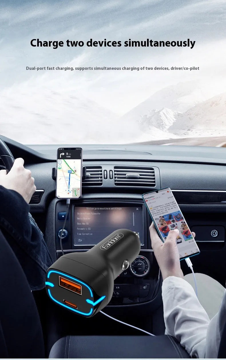 QC3.0 fast car charger with PD USB output, black plastic and metal design, for cigarette lighter socket