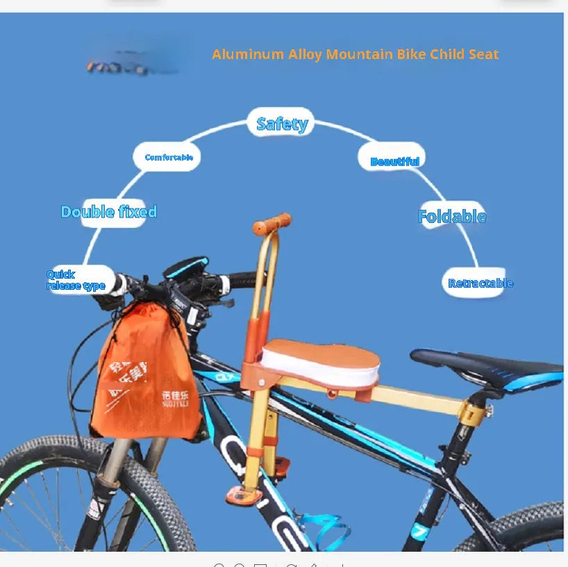 Aluminium alloy front-mounted folding child seat for shared bicycle in yellow with armrest
