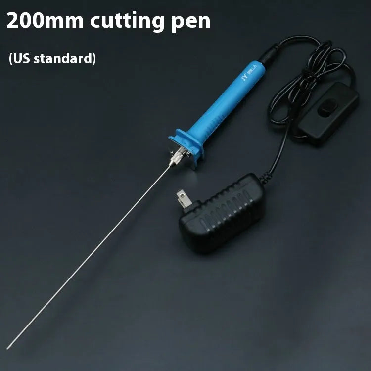 Blue plastic-handled electric hot knife cutter pen for foam with multiple blade sizes and power adapter
