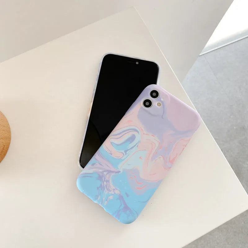 Watercolor ink painting TPU phone case for iPhone, simple back cover, BluePink colour