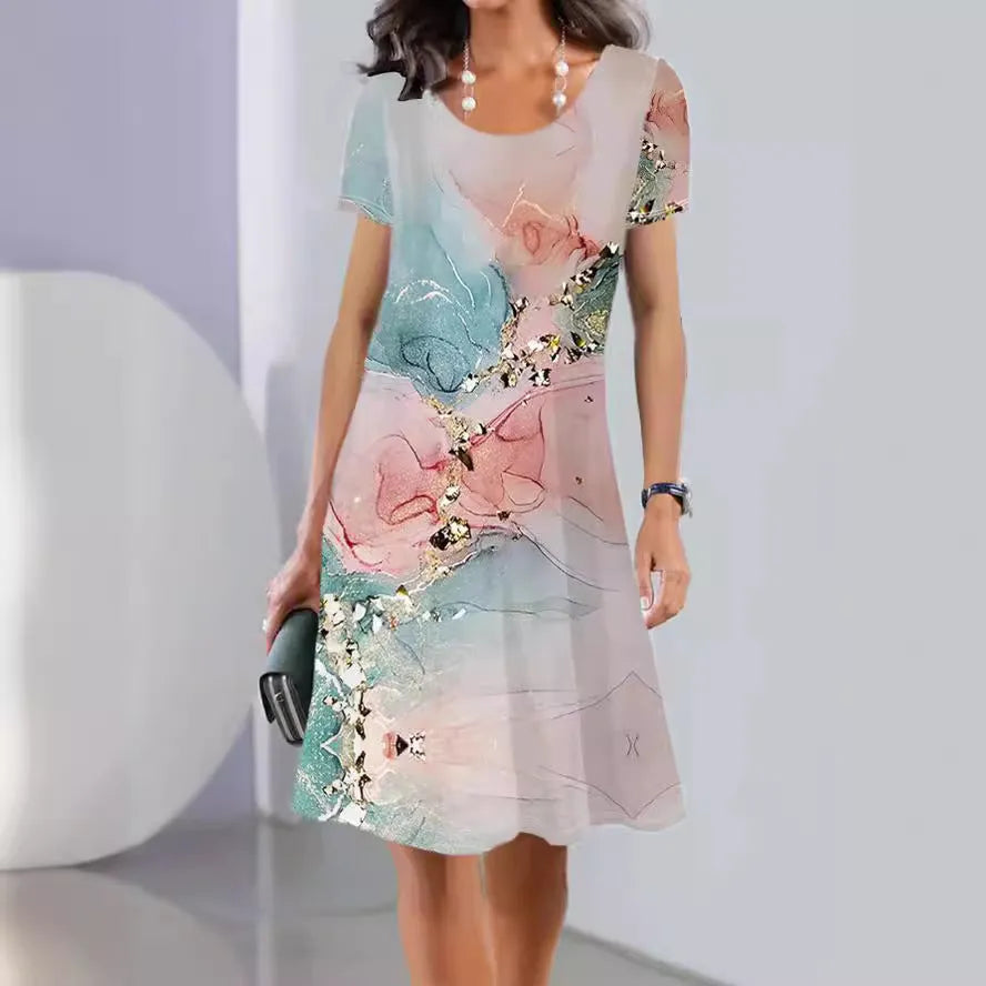 Women's mid-length dress with botanical floral print in ice silk fabric, A-line silhouette with short sleeves