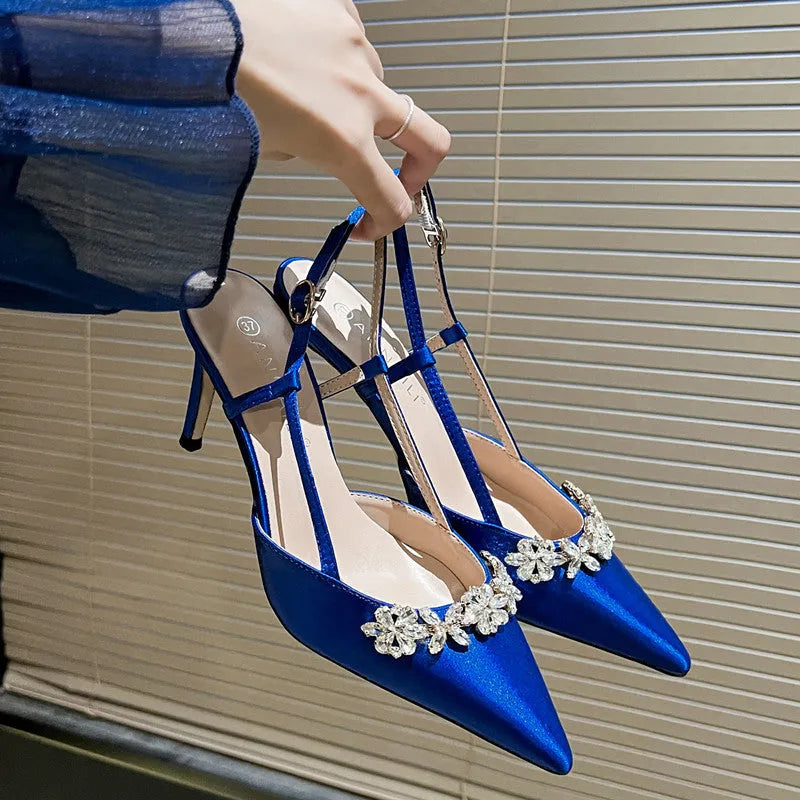 French style evening dress high heels rhinestone closed toe satin sandals stiletto heels for women