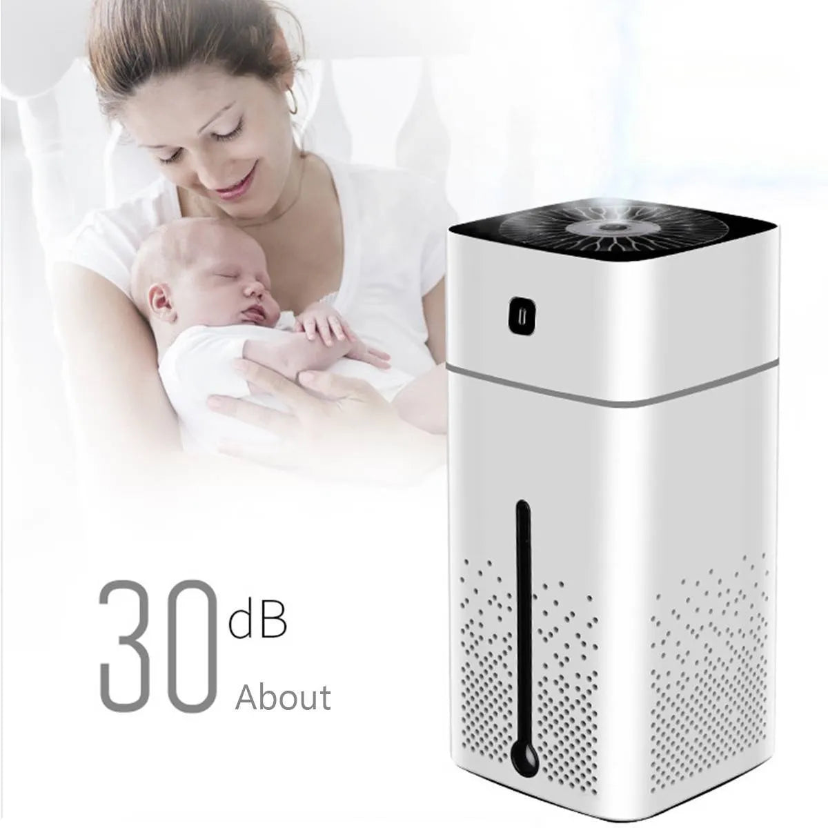 Black or white USB-powered desktop humidifier measuring 103x103x218mm with 1000ml capacity