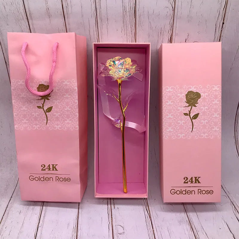 24K luminous colour gold rose flower set in gift box with tote bag