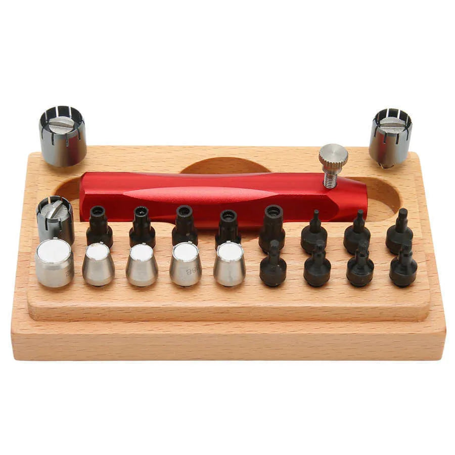 Set of 20 steel watch repair extracting tubes in a storage case for barrel opening and movement repairs
