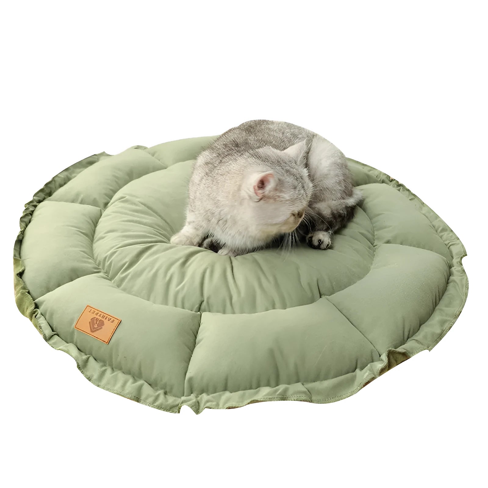 Grey and green reversible donut-shaped pet bed for cats and dogs, shown in small, medium, and large sizes.