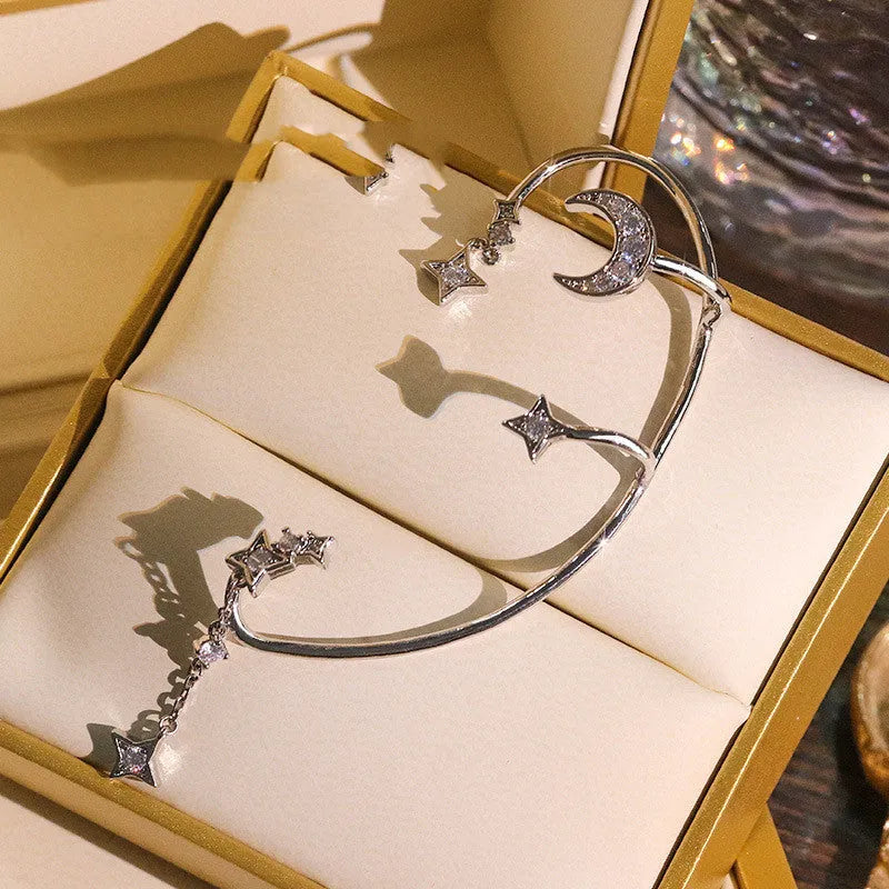 Women's dainty butterfly sequins non-pierced earrings set with metal cuff and screw back chain linked design