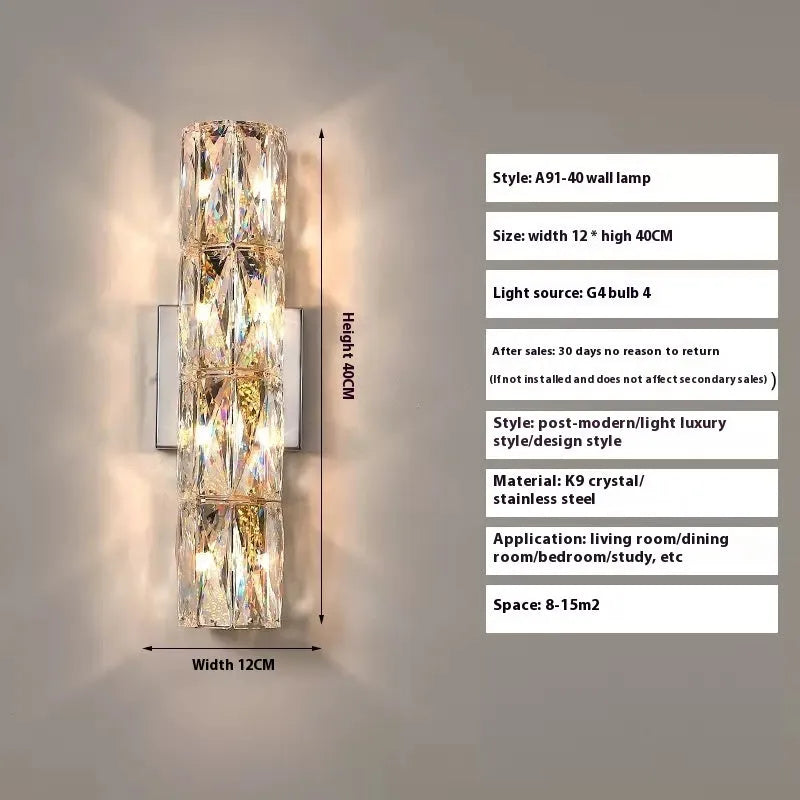 Crystal wall lamp with stainless steel base in chrome or gold finish, LED tricolour lighting, multiple size options