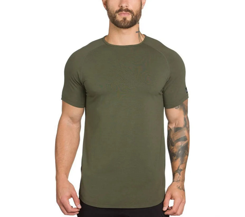 Men's plain gym shirt in cotton spandex blend available in army green, black and white colours
