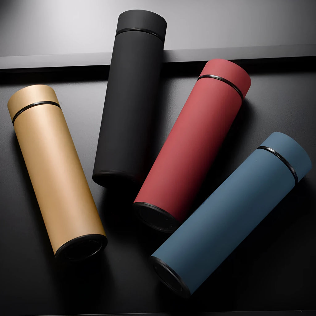 450ml stainless steel vacuum insulated water bottle in black, red, gold, or blue with arrow mouth