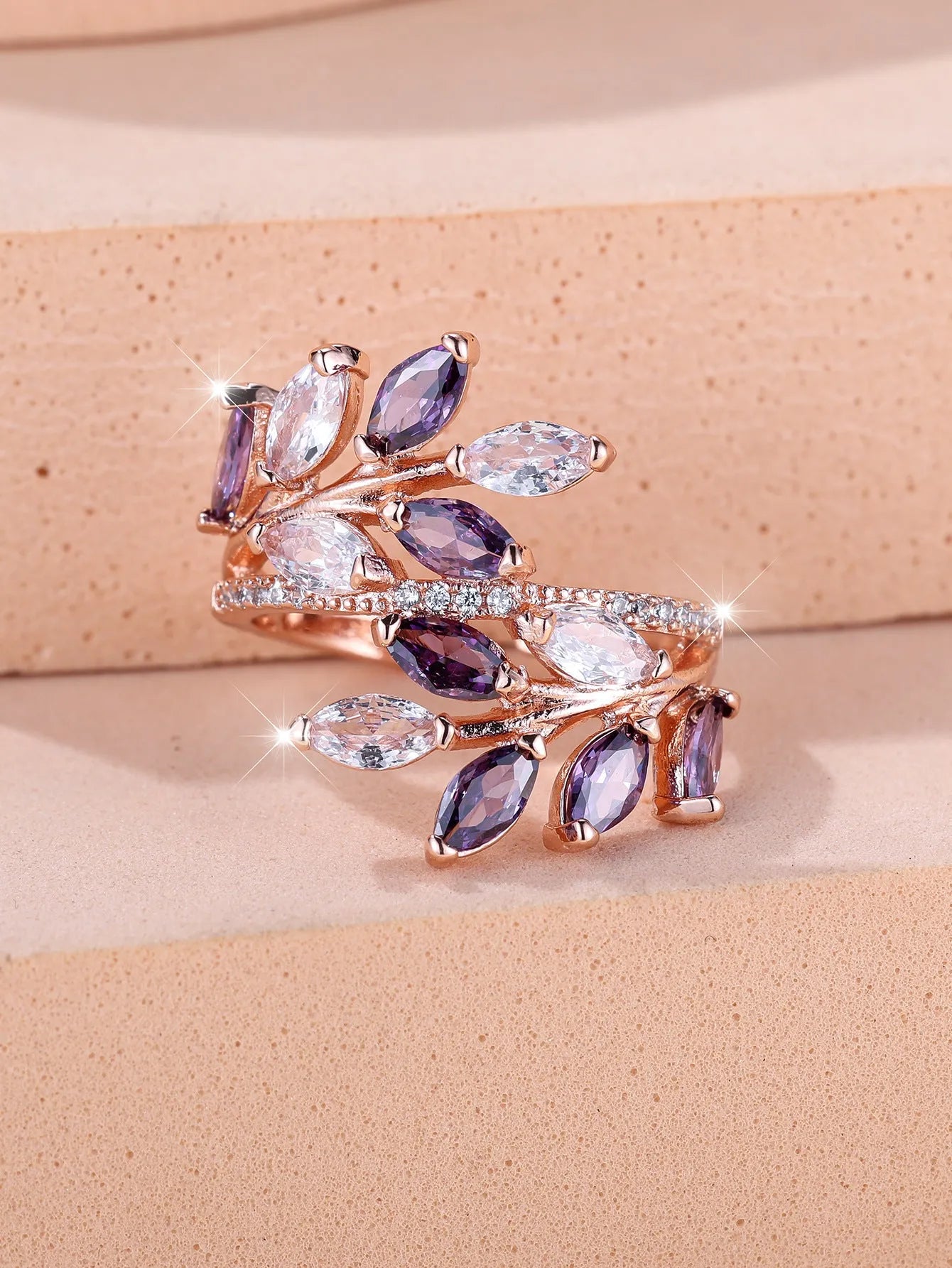 Adjustable copper leaf-shaped ring with zircon stones in multiple colour finish options