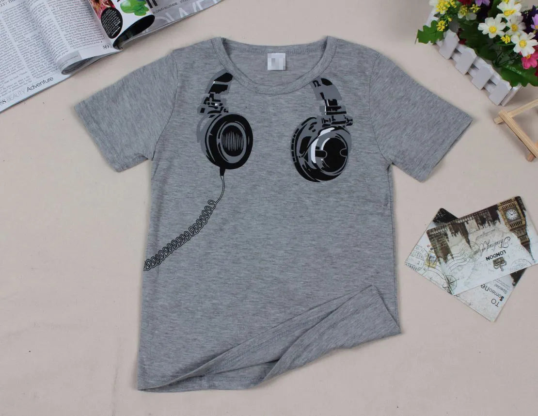 Children's short-sleeved t-shirt with earplugs pattern in white, 90% cotton, round neck