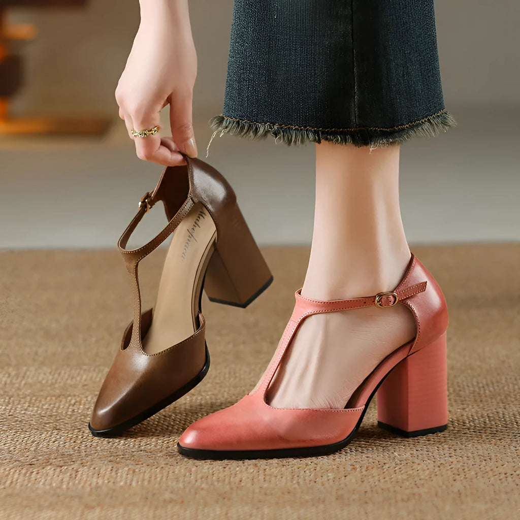 Women's dark brown retro pointed toe Mary Jane shoes with a buckle strap and hollow baotou design.