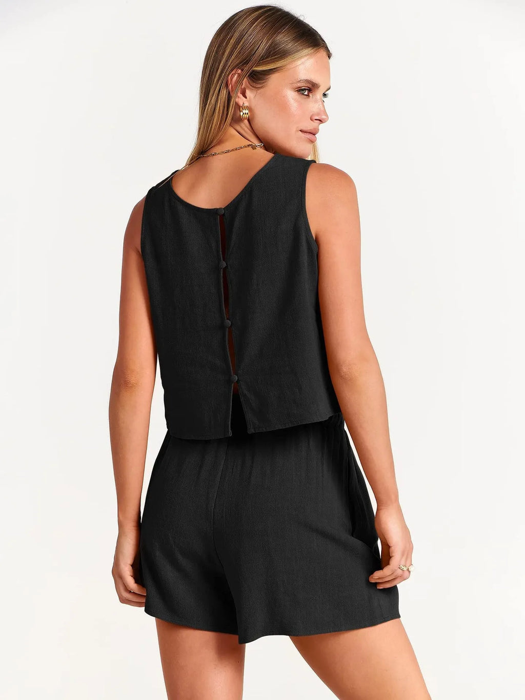 Women's summer two-piece set with sleeveless rayon linen top and matching drawstring shorts