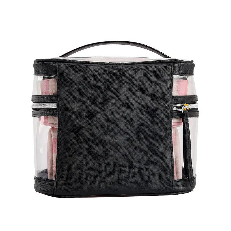 Pink bold stripes floral pattern synthetic leather makeup bag with waterproof function