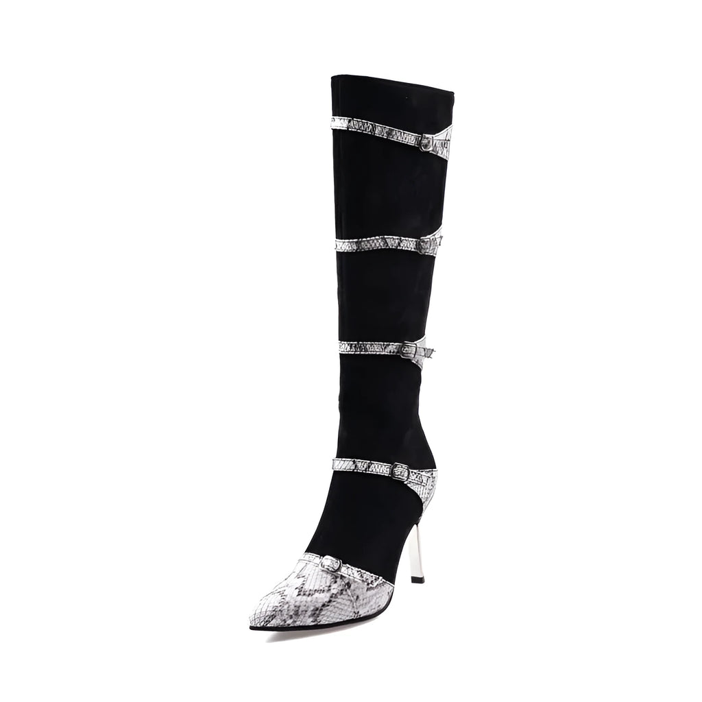 Grey and black women's knee-high boots with a thin high heel on a rubber sole