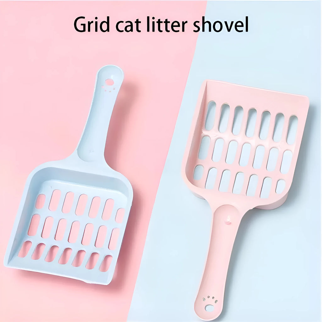 Plastic cat litter scoop in blue, green or pink, showing 20cm length.