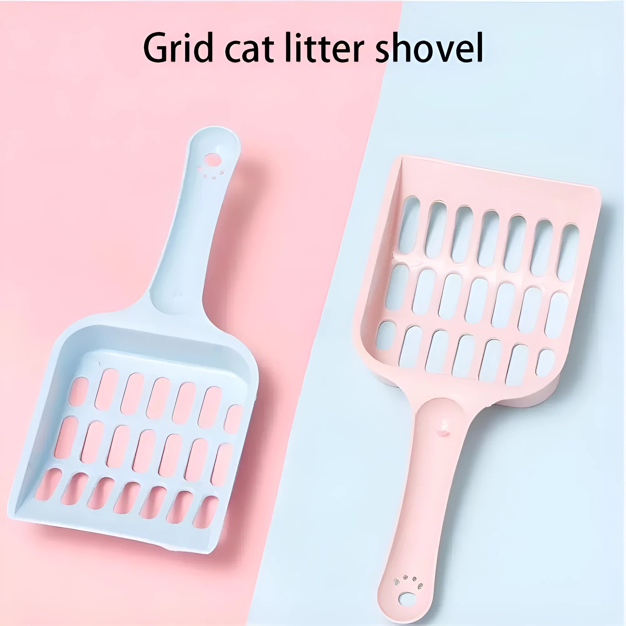 Plastic cat litter scoop in blue, green or pink, showing 20cm length.