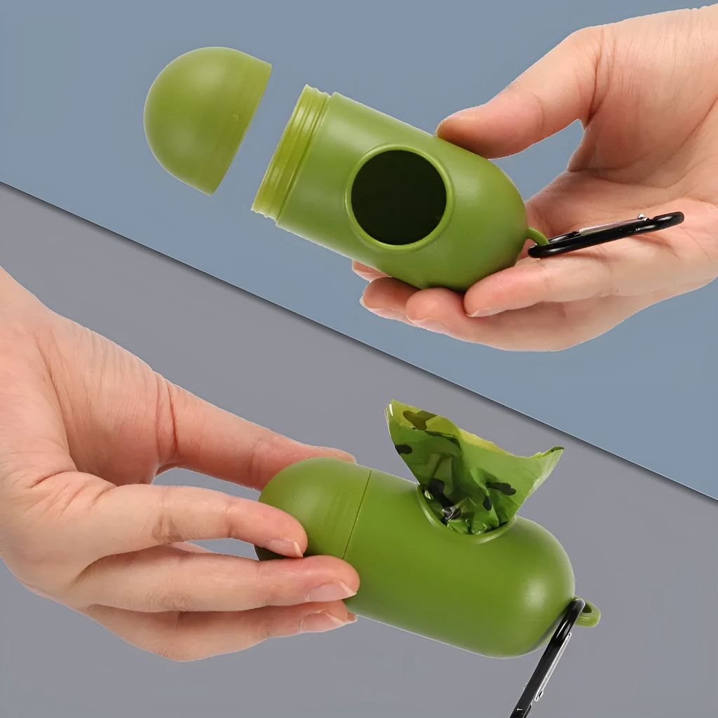 Military green degradable dog poop bags with black bone print, 23cm by 33cm size