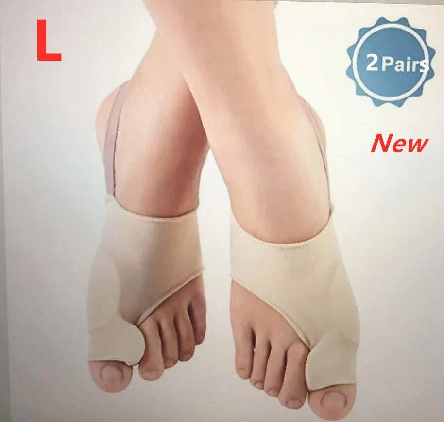 Corrective bunion sock with silicone gel toe separator shown in sizes S, M, and L on a foot diagram.