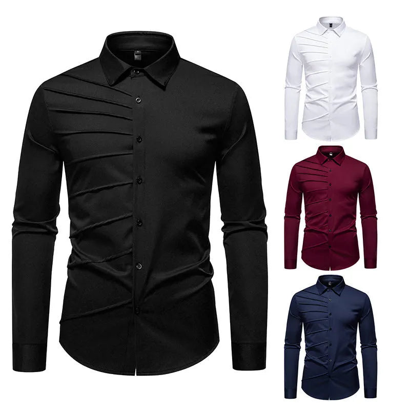 Men's pleated design casual long-sleeved shirt in slim-fit cardigan style, polyester fabric, white colour