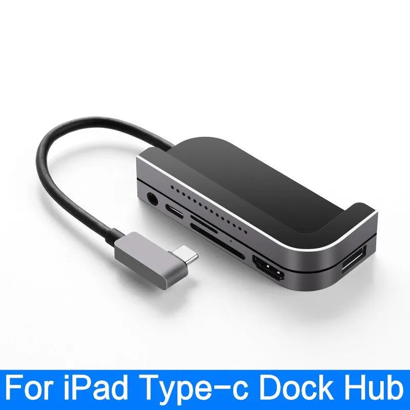 Silver aluminium grey USB-C 6-in-1 docking station for iPad Pro tablets with HDMI and USB ports