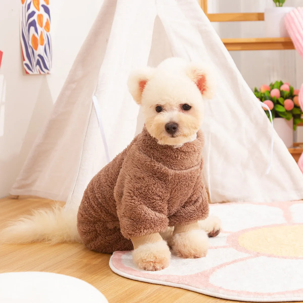 Khaki four-legged dog clothes with high collar and towing ring made of double-sided plush fabric