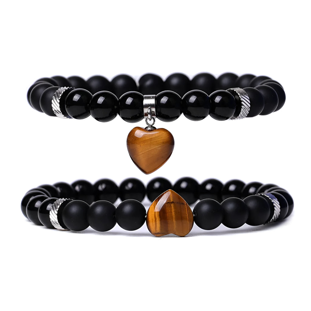 Two polished natural stone heart bracelets for couples in a choice of eight colours