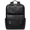 Black genuine leather men's computer backpack with woven details, shown open