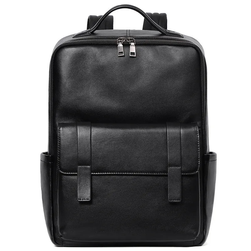 Black genuine leather men's computer backpack with woven details, shown open
