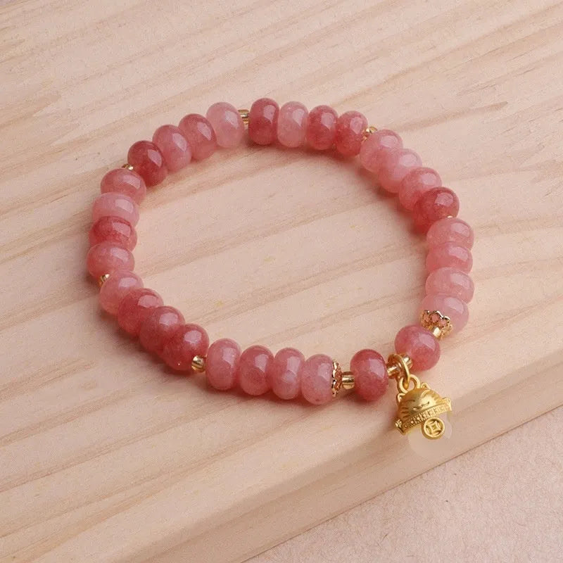 Women's retro strawberry quartz lucky cat bracelet in gray jade colour with animal motif
