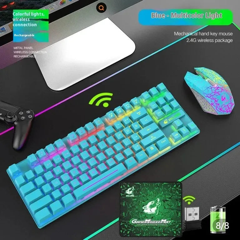 T3 wireless charging keyboard and mouse set with backlit keys and USB interface in black, white, or blue colour options