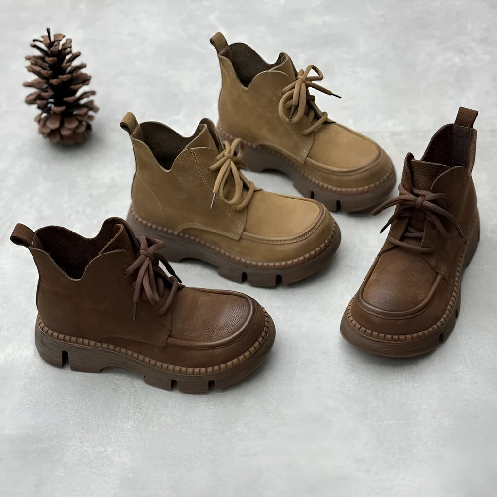 Women's cowhide leather lace-up wedge boots in coffee colour with round toe and rubber sole