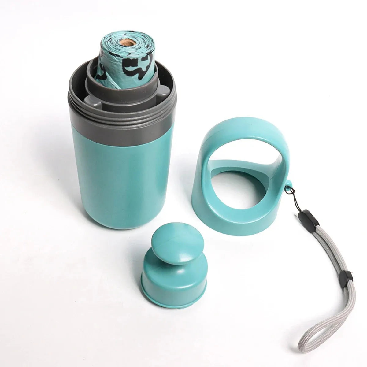 Blue ABS plastic pet pooper scooper with claw mechanism and included garbage bag roll