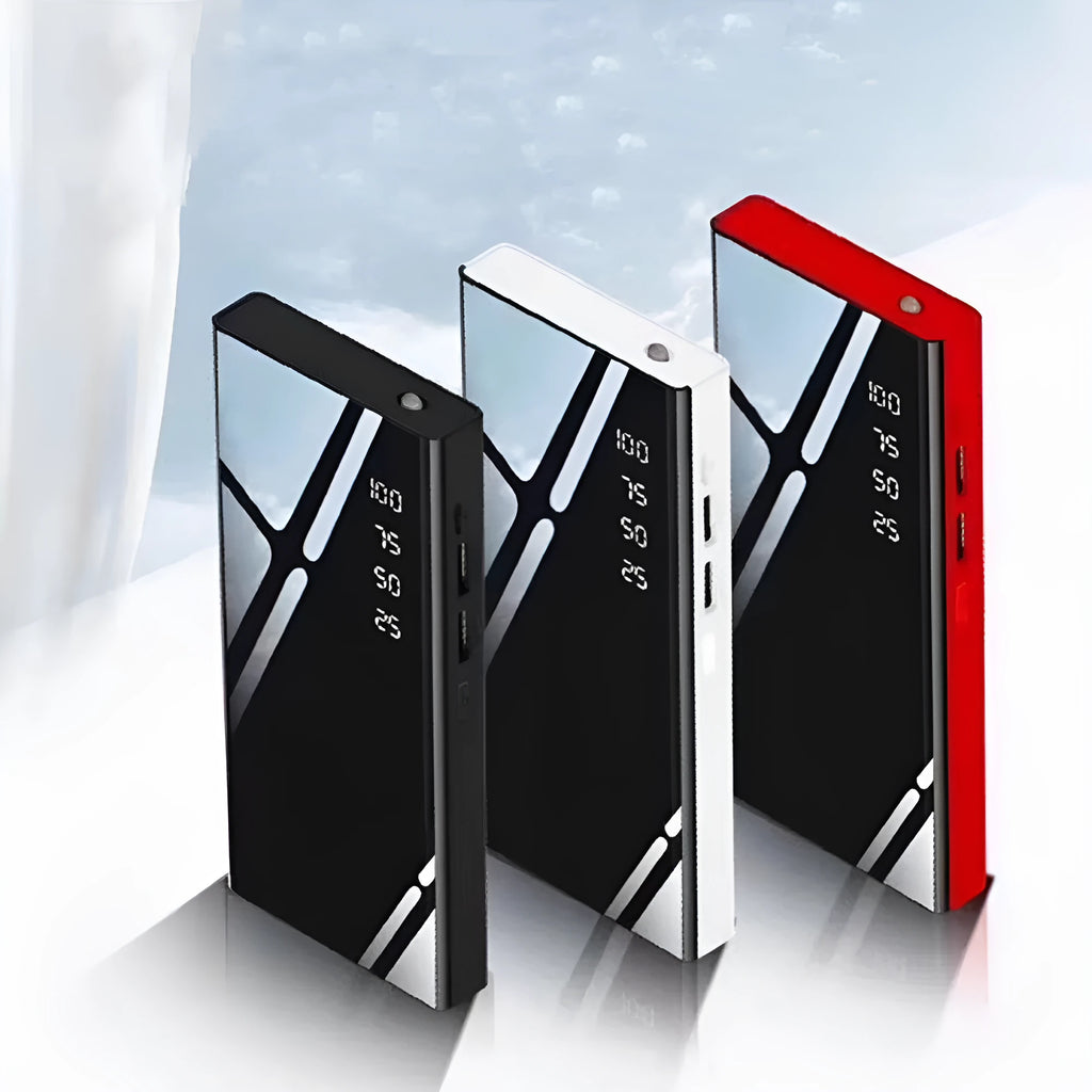 20000mAh power bank with LCD display and dual USB ports in black, red or white