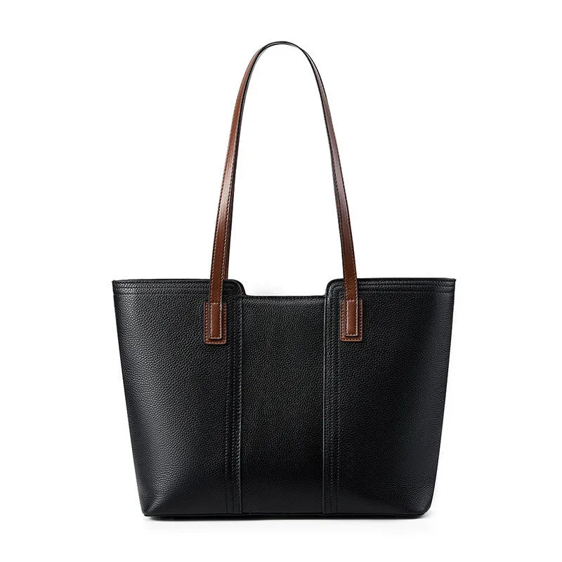 Black genuine leather women's shoulder bag showing multiple internal compartments and single strap