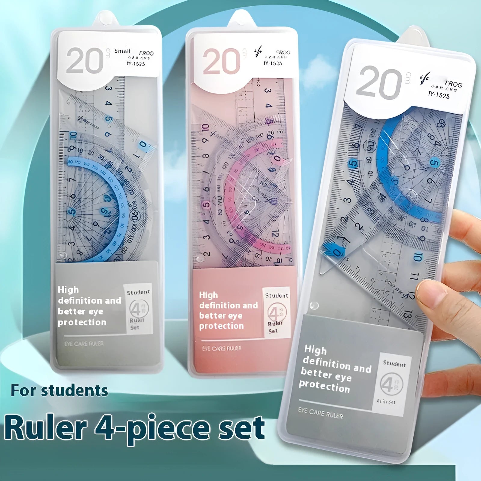 Youpai transparent acrylic drawing ruler set showing protractor and triangles on a blueprint.