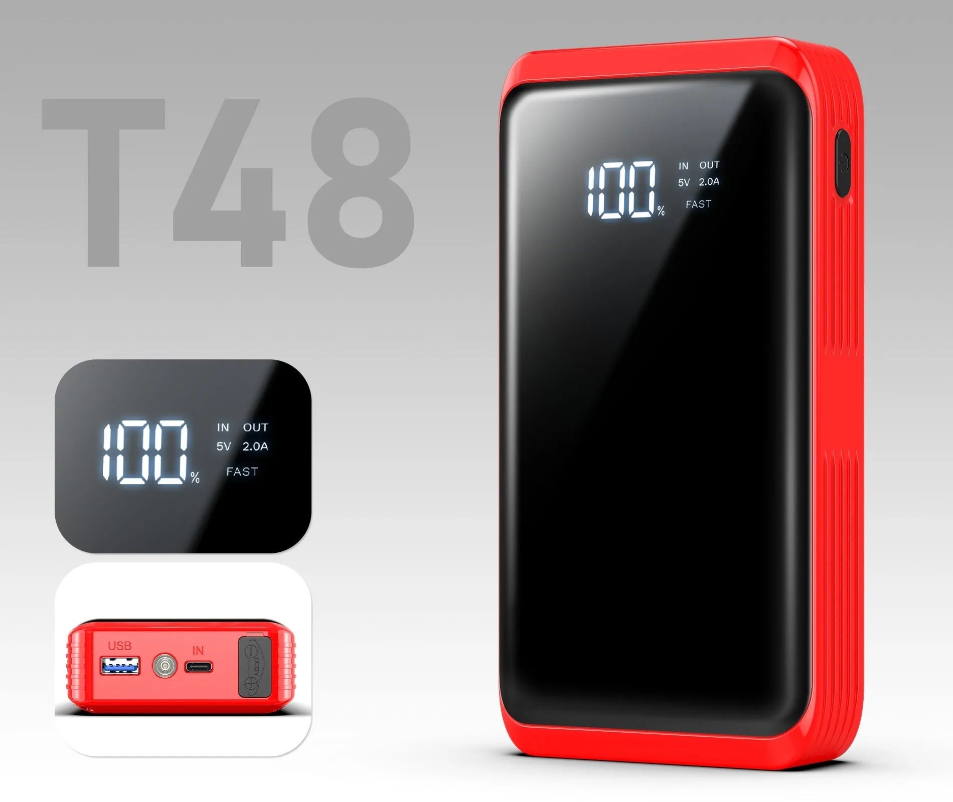 TM48 1200A car jump starter with battery clips, LED light, and USB port on a dark background