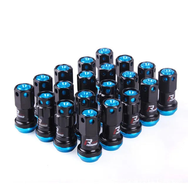 Set of flat head aluminium alloy wheel nuts in red, gold, blue, purple, and black colour variants.